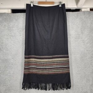 T Garment Striped Maxi Skirt Fringe Hem Black Boho Wool Blend Women's Large READ